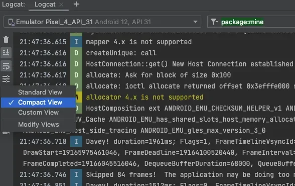 Android Logcat - Switch between view presets. 