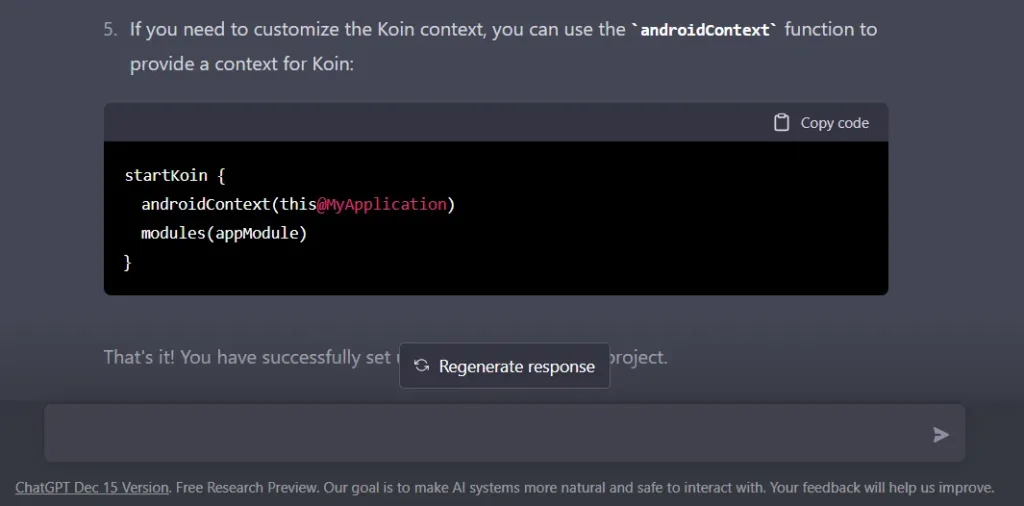 ChatGPT’s reply to the query: How to set up the Koin in the Android Project